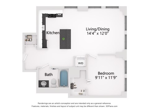 Floor plan for 1 bed, 1 bath, 615 sqft